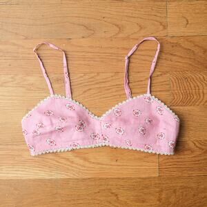 Miguelina Linen Bralette Top Pink Floral Size S Cottage Summer Casual‎ Lace Trim